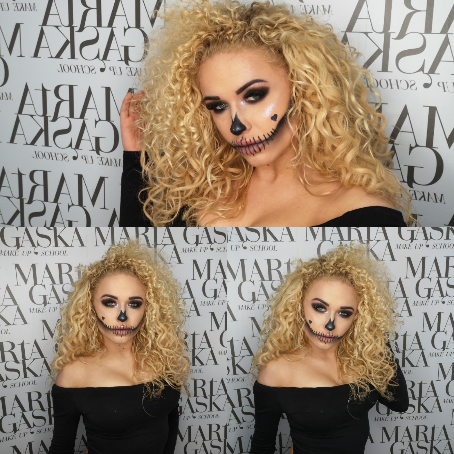 Portret kobiety z kręconymi blond włosami i halloweenowym wizażem: czarny nos w kształcie odwróconego trójkąta, pionowe kreski imitujące szwy na ustach, czarna łezka na policzku, intensywny makijaż...