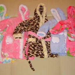 Kolorowe, miękkie szlafroki dziecięce z kapturem, w różnych wzorach (wielokolorowy, różowy z aplikacją, panterka, błękitny, różowy w arbuzy), ułożone obok siebie na jasnym tle w Ozorkowie.