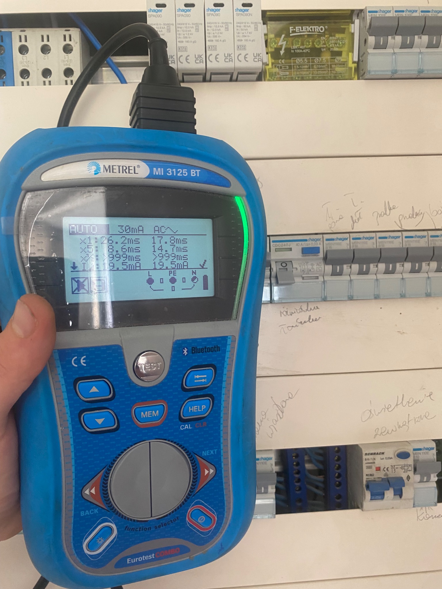 Miernik Metrel MI 3125 BT podłączony do rozdzielnicy elektrycznej Hager, wyświetlający wyniki pomiarów prądu upływu, z odręcznymi notatkami na obudowie rozdzielnicy.