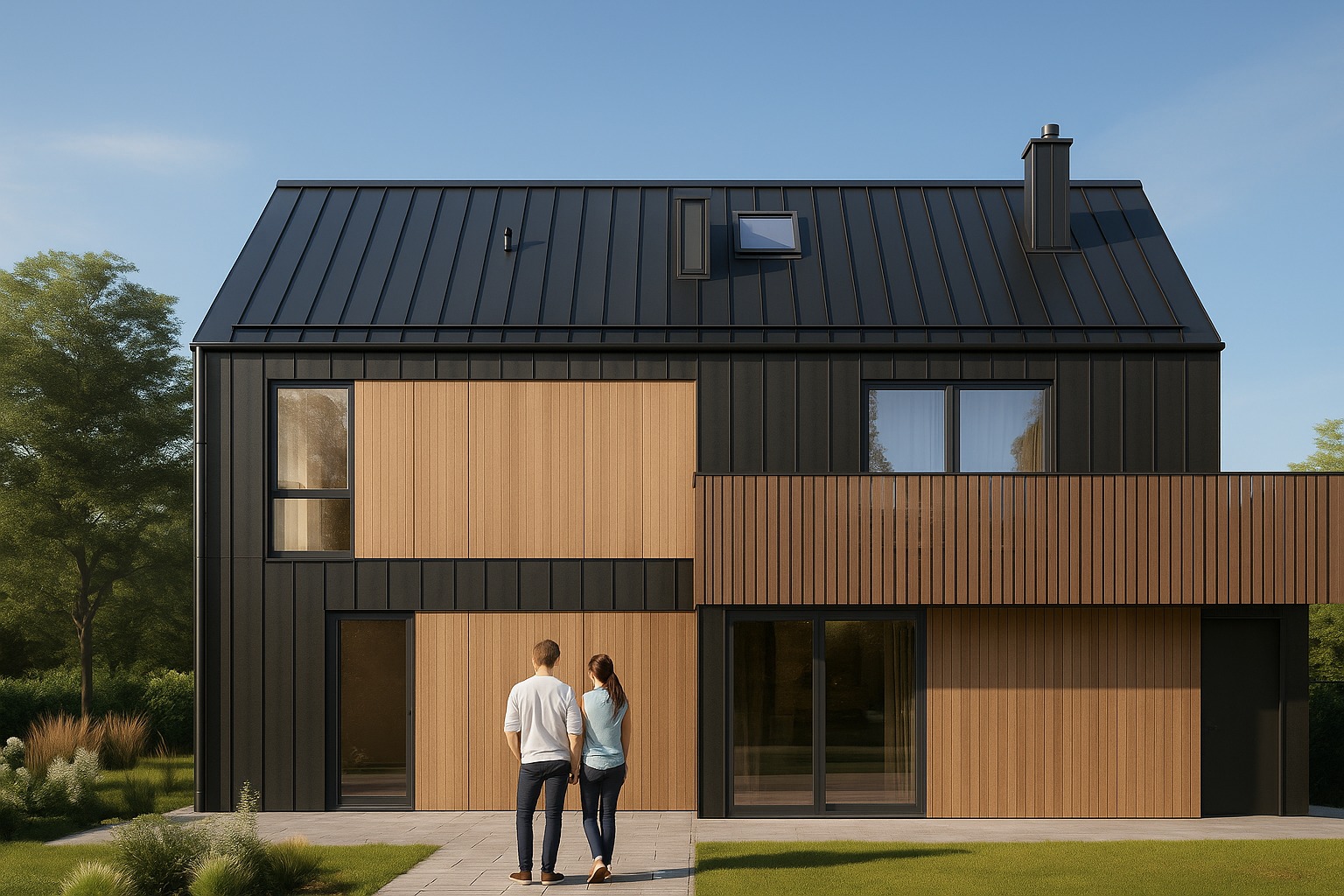 Nowoczesny dom z czarną blachą i drewnianą elewacją, para spaceruje po chodniku. Minimalistyczny design, duże okna, skandynawski styl. Architektura z dbałością o detale.