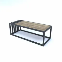 Niski stolik kawowy z blatem drewnianym i czarną, metalową ramą o geometrycznym designie, widok z perspektywy.