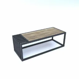 Stolik kawowy z drewnianym blatem i metalową ramą z charakterystycznym, ażurowym bokiem.