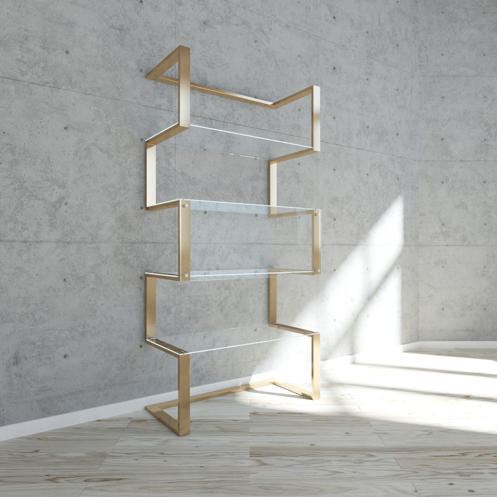 Nowoczesny regał z metalową ramą w kolorze złotym i szklanymi półkami na tle surowej betonowej ściany z promieniami słońca padającymi na podłogę z jasnego drewna.