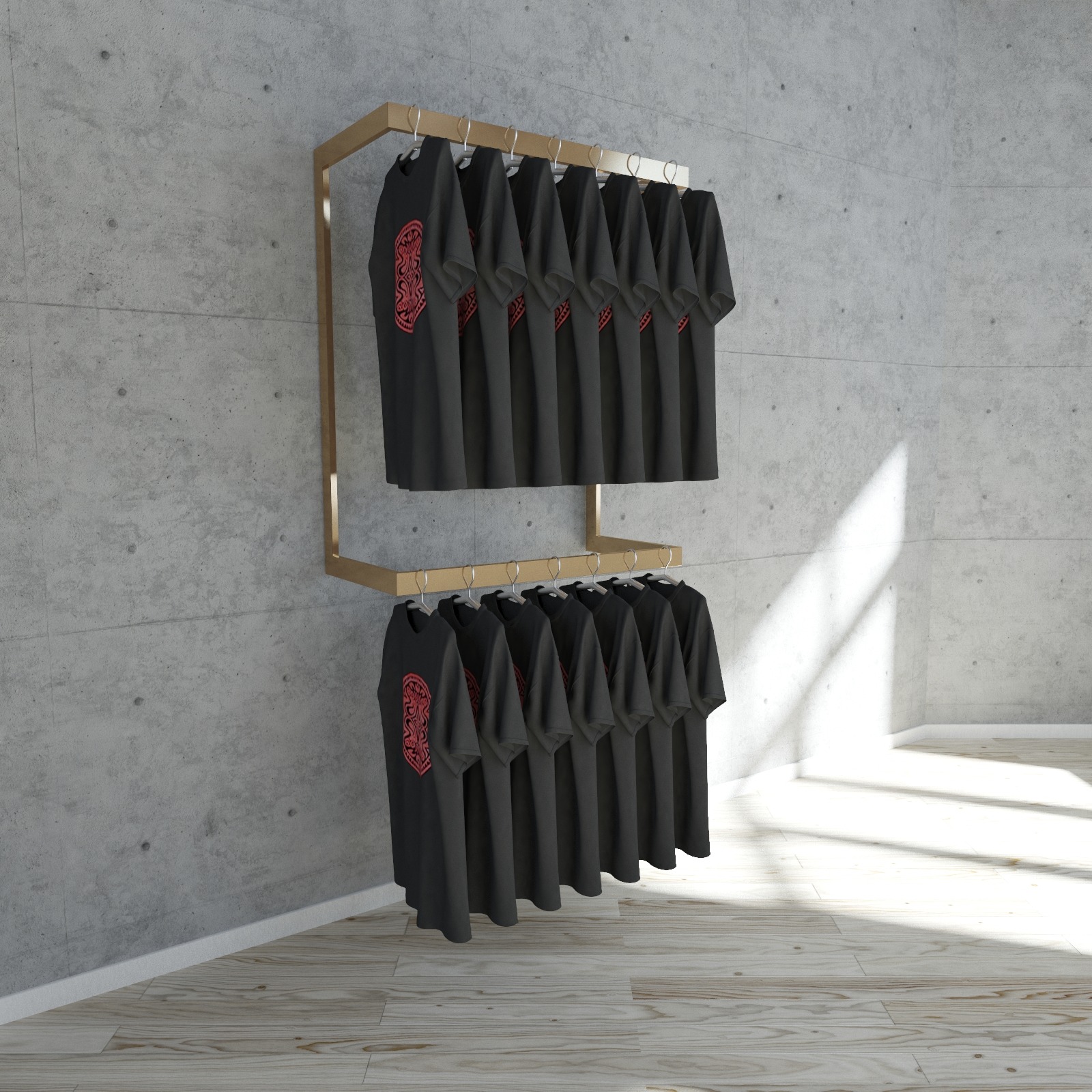 Dwu-poziomowy, złoty wieszak na ubrania z czarnymi T-shirtami z czerwonym nadrukiem na betonowej ścianie i drewnianej podłodze w minimalistycznym wnętrzu.