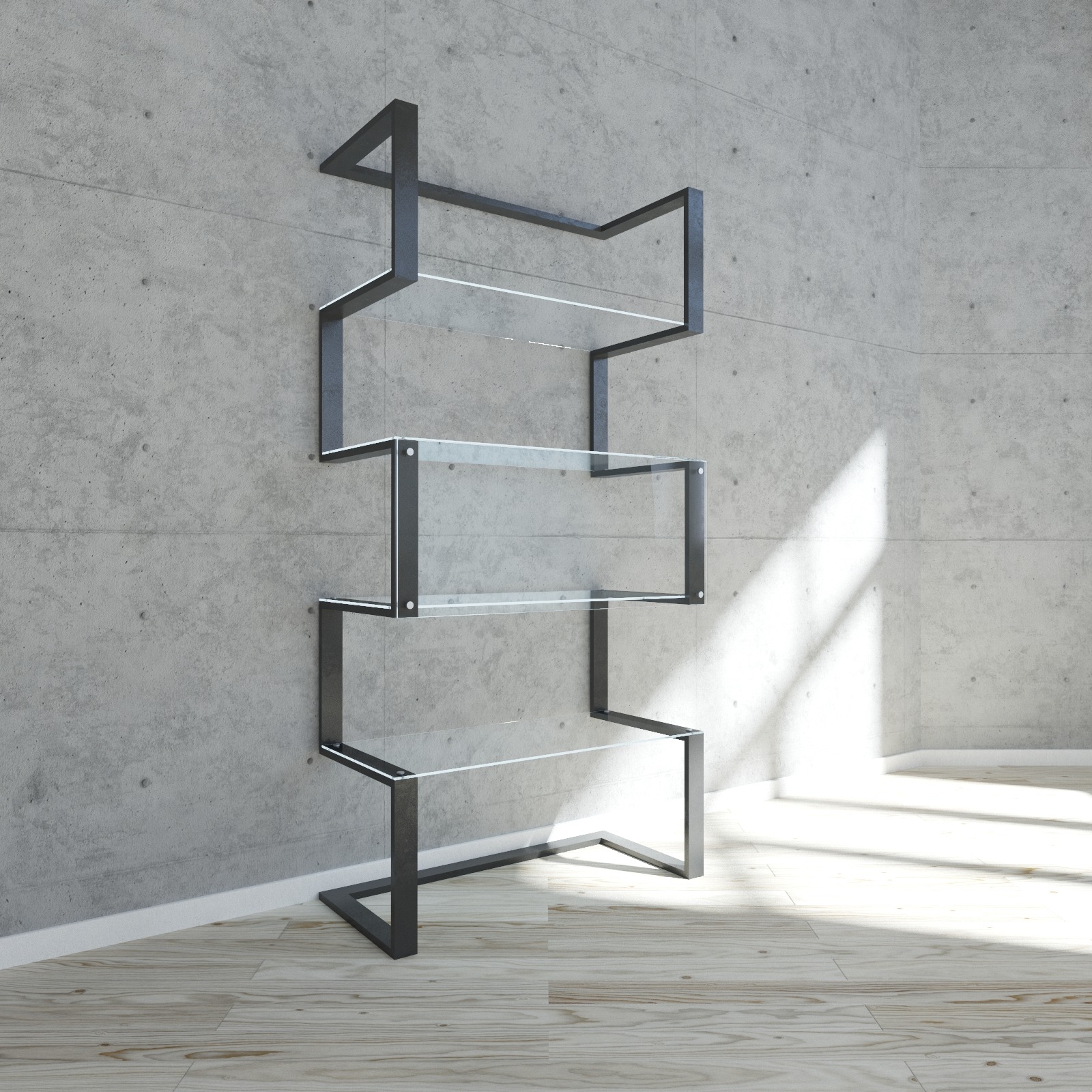 Nowoczesny regał z czarną metalową ramą i szklanymi półkami na tle surowej betonowej ściany, oświetlony promieniami słonecznymi padającymi na podłogę z jasnego drewna.