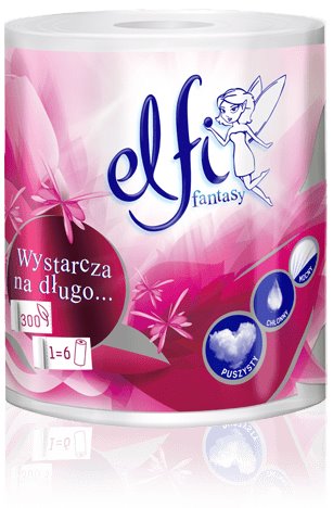 Ręcznik papierowy w rolce marki Elfi Fantasy z motywem różowych kwiatów i postaci wróżki, opakowanie zbiorcze 6 rolek.