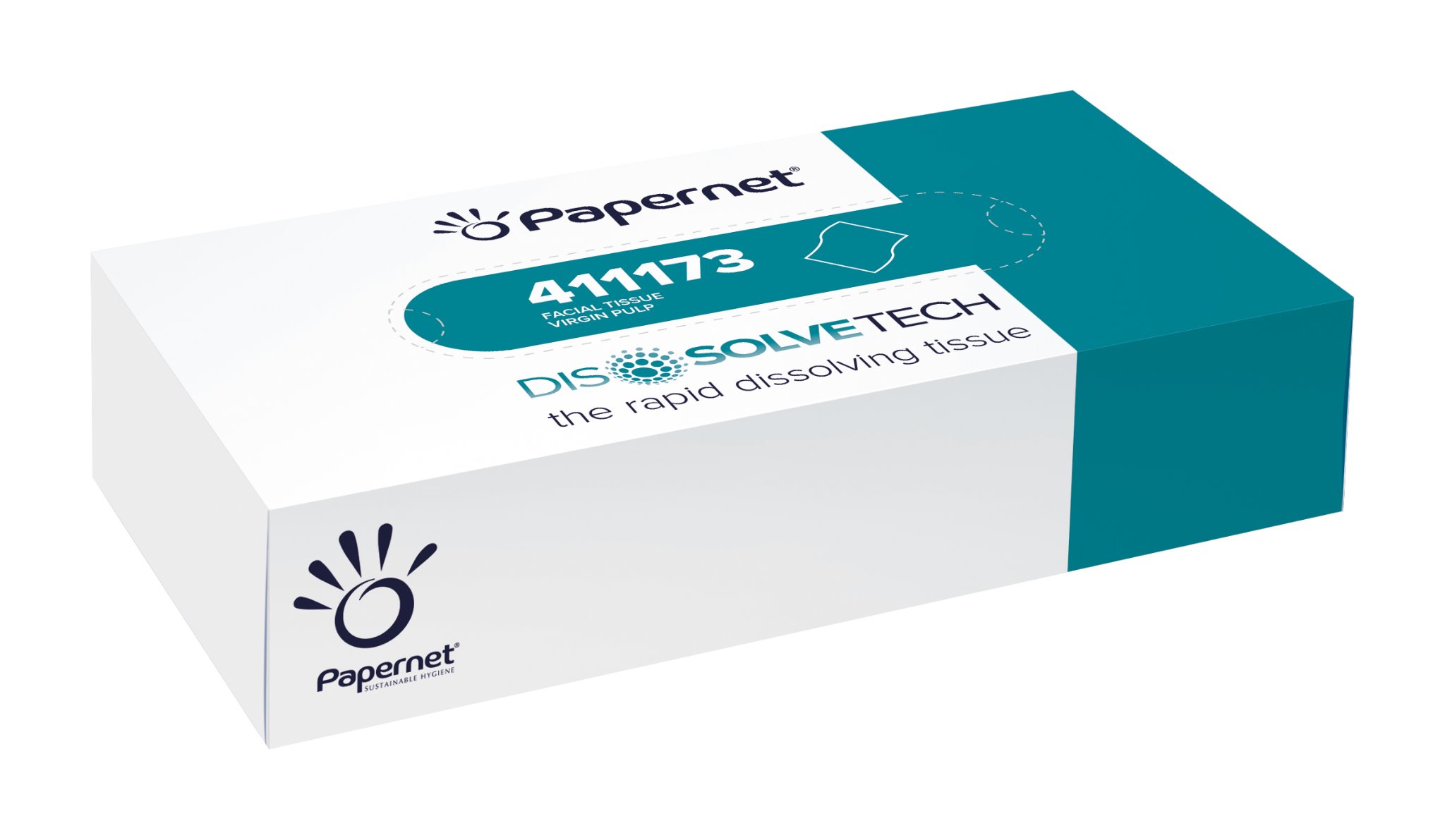 Pudełko chusteczek higienicznych PaperNet Dissolvetech z wyraźnym logo i informacją o szybkim rozpuszczaniu się.