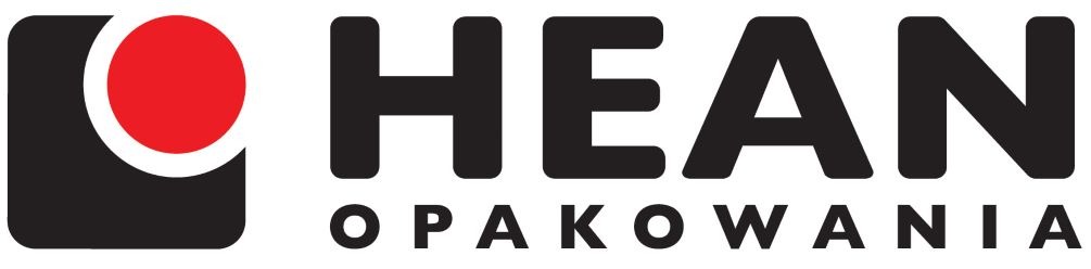 Czarne logo firmy HEAN Opakowania z czerwonym okręgiem w lewym górnym rogu.