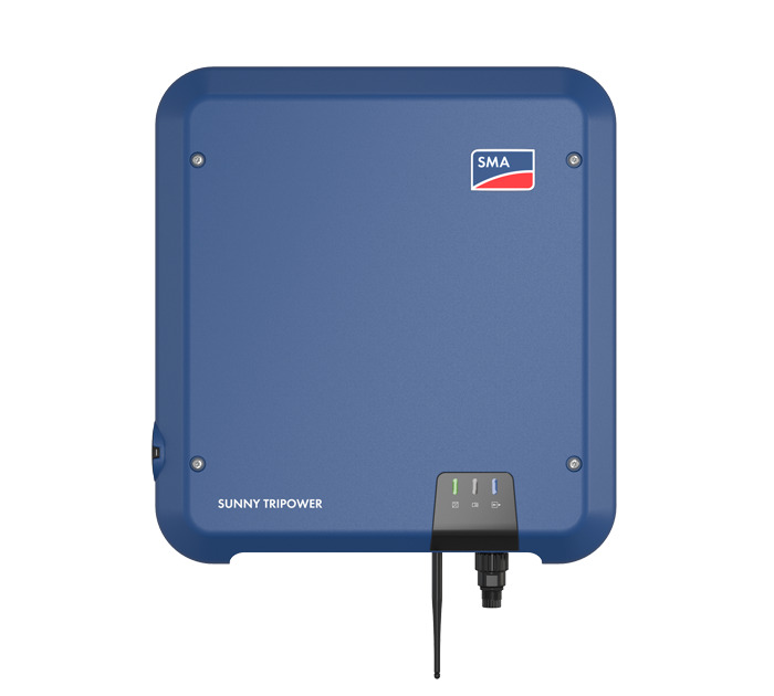 Niebieski inwerter SMA Sunny Tripower na białym tle, widoczne diody LED i antena.