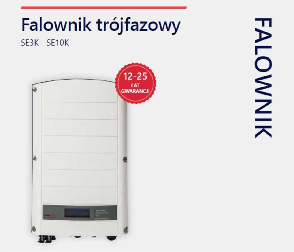 Trójfazowy falownik fotowoltaiczny SE3K - SE10K z 12-25 letnią gwarancją, widok z przodu, neutralne tło.