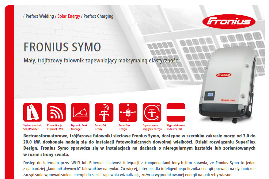 Grafika reklamowa falownika Fronius Symo, prezentująca urządzenie na tle paneli fotowoltaicznych, z ikonami przedstawiającymi jego funkcje i informacją o produkcji w Austrii.