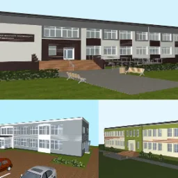 Wizualizacja 3D budynku placówki oświatowej w Końskich, prezentująca różne warianty elewacji i otoczenia.