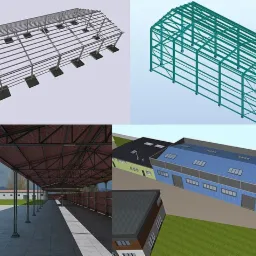 Wizualizacje 3D konstrukcji stalowych hali magazynowej, w tym szkieletu i zadaszenia, oraz gotowego budynku z elewacją.