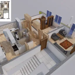 Wizualizacja 3D przekroju mieszkania z umeblowaniem, widok z góry, uwzględniający układ pomieszczeń, meble i postać siedzącą na kanapie.