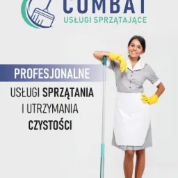 Uśmiechnięta kobieta w uniformie firmy sprzątającej, opierająca się o mop, na tle grafiki z logo i hasłem 'Profesjonalne usługi sprzątania i utrzymania czystości'.