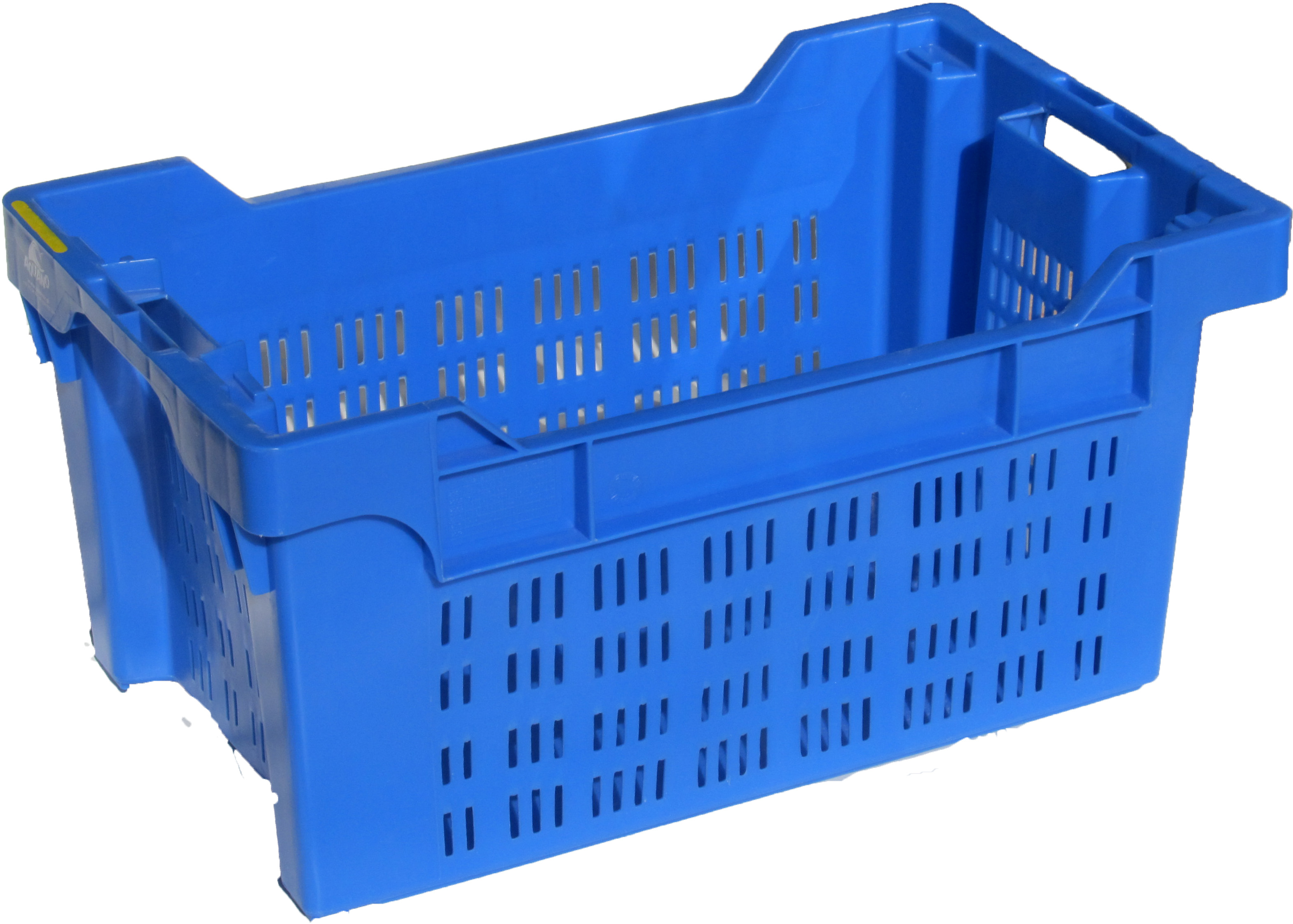 Niebieska, plastikowa skrzynka obrotowa z otworami wentylacyjnymi, widoczna z perspektywy lekko z góry.