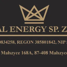 Logo firmy Royal Energy Sp. z o.o. z symbolem korony, numerami KRS, REGON, NIP oraz adresem w Małszycach, na ciemnym tle.