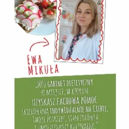 Kompozycja graficzna: Kanapki z twarożkiem, rzodkiewką i pomidorami na talerzu oraz zdjęcie kobiety w białym fartuchu lekarskim otoczone dekoracyjną ramką, obok napis 'Ewa Mikuła' i zielona plansza...