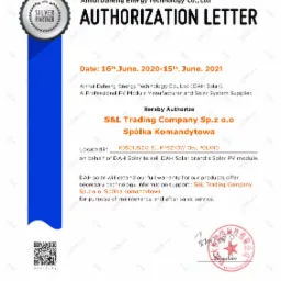 Skan dokumentu Authorisation Letter od Anhui Daheng Energy Technology Co., Ltd (DAH Solar) dla S&L Trading Company Sp.z o.o Spółka Komandytowa z Myszkowa, Polska, upoważniający do sprzedaży modułów...