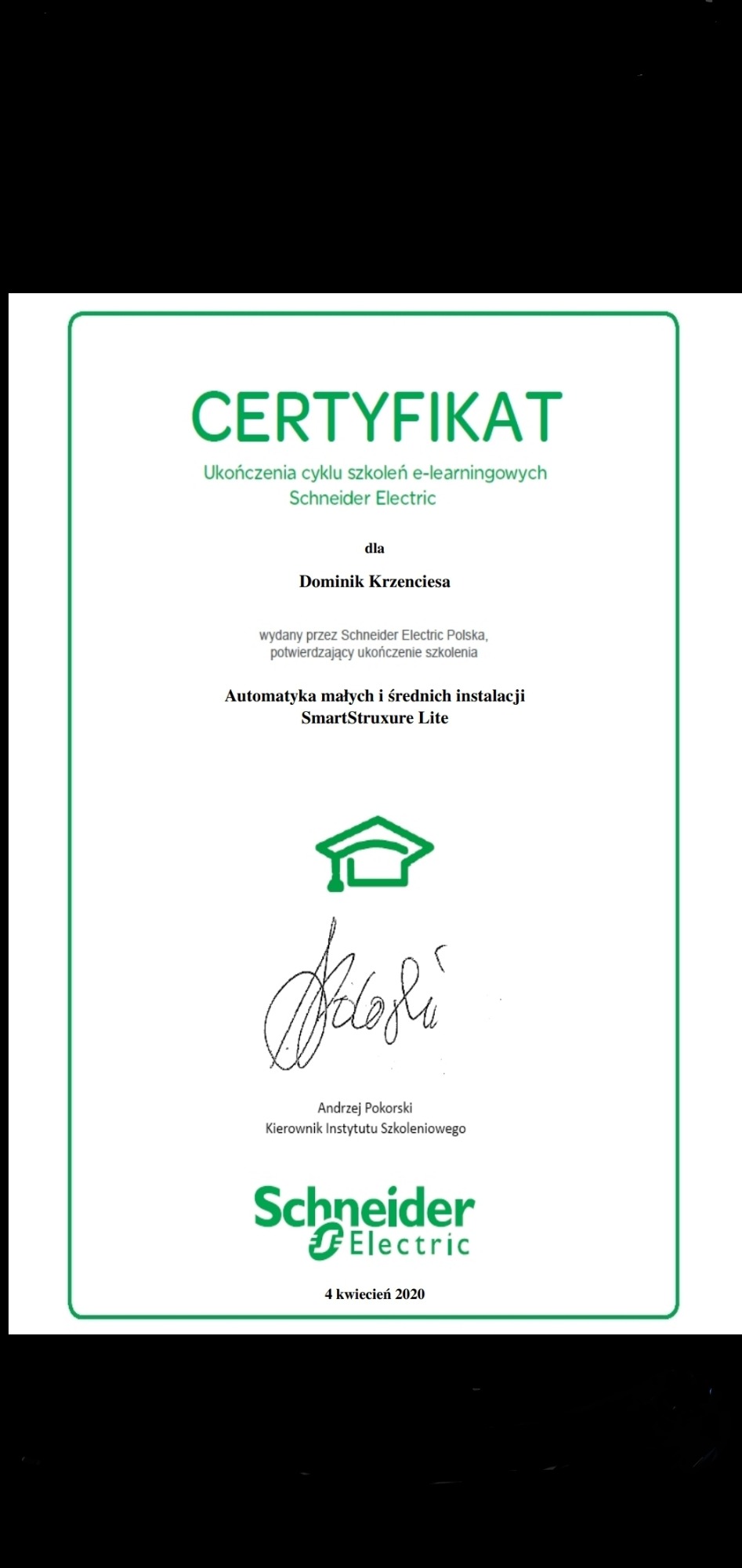 Skan certyfikatu ukończenia cyklu szkoleń e-learningowych Schneider Electric dla Dominika Krzenciesy, potwierdzający ukończenie szkolenia z automatyki małych i średnich instalacji SmartStruxure...