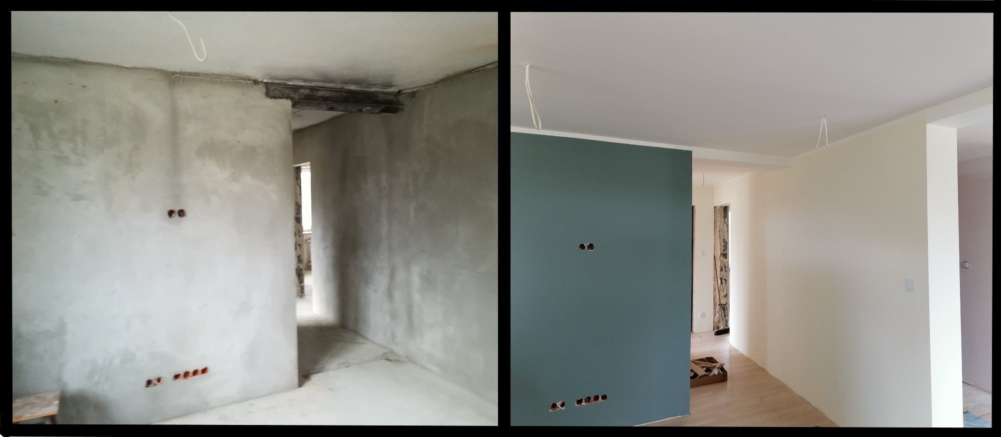 Porównanie stanu surowego i wykończonego pokoju: po lewej ściany pokryte szpachlą, widoczne puszki elektryczne, po prawej pomalowane ściany w kolorze zielonym i kremowym, gładki sufit, widoczne...