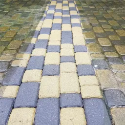 Częściowo umyta kostka brukowa w Lipnie, ukazująca kontrast między czystą, jasną częścią a brudną, wilgotną powierzchnią, z zielonym żywopłotem w tle.