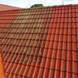 Czerwona dachówka ceramiczna, częściowo pokryta mchem i porostami, kontrastująca z czystą powierzchnią po prawej stronie, ukazująca efekt czyszczenia.