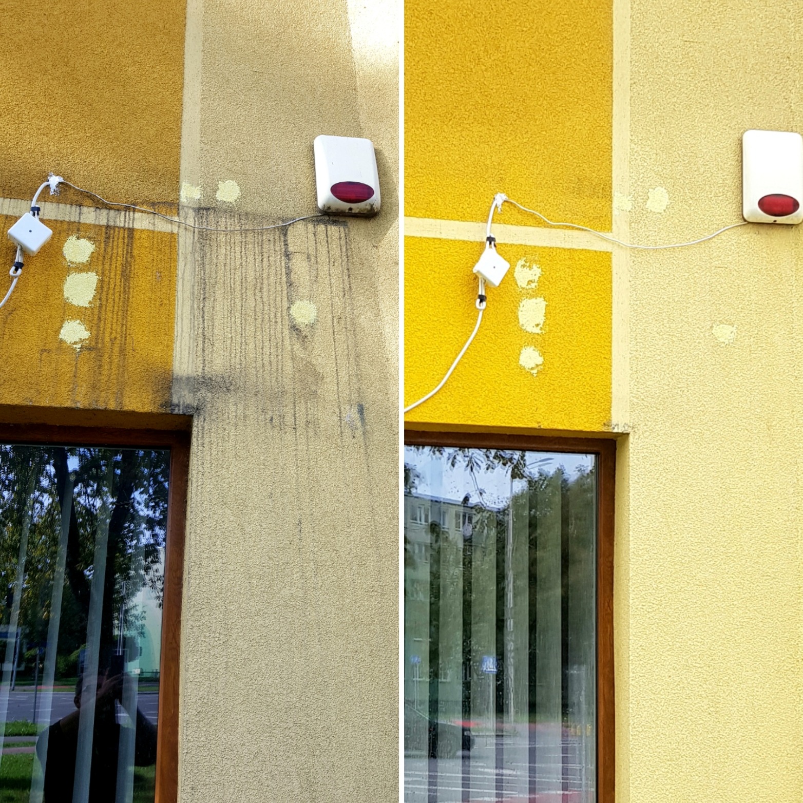 Porównanie fragmentu żółtej elewacji budynku przed i po czyszczeniu, widoczne zacieki i plamy na nieumytym fragmencie, oraz czysta powierzchnia po prawej stronie, obok okna.
