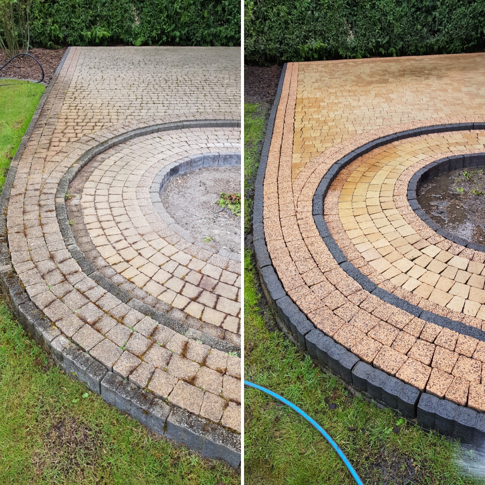 Porównanie kostki brukowej przed i po czyszczeniu: po lewej zaniedbana, pokryta mchem, po prawej odświeżona, z intensywnymi kolorami i bez zabrudzeń, widoczny fragment węża ogrodowego.