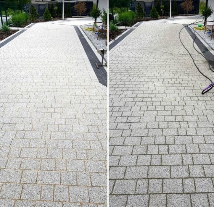 Porównanie kostki brukowej przed i po czyszczeniu, widoczna różnica w kolorze i usunięte zabrudzenia, w tle zieleń ogrodu.