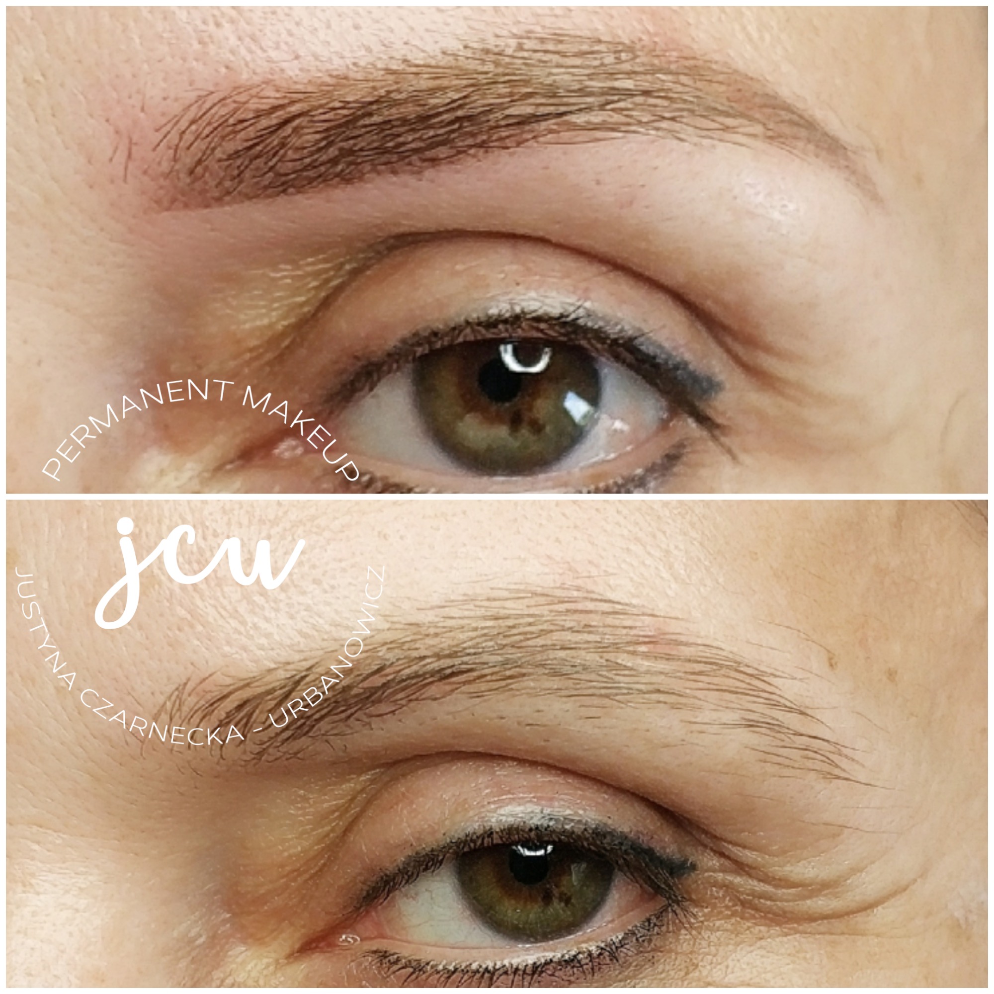 Zbliżenie na oko z widocznym efektem przed i po zabiegu pigmentacji brwi, widoczny subtelny makijaż permanentny.