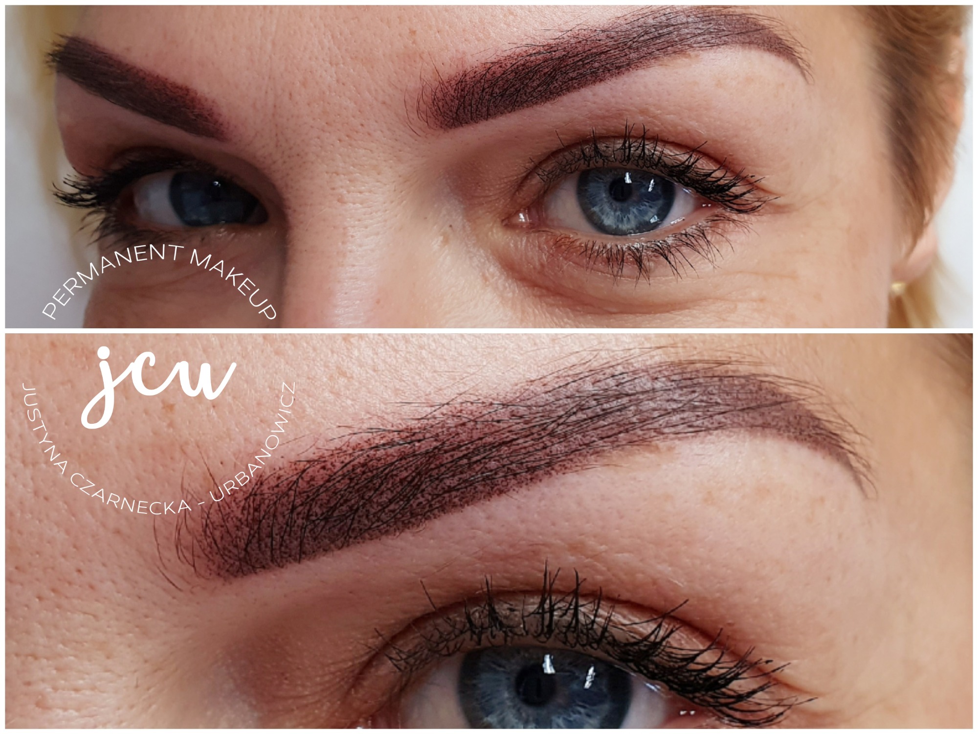 Zbliżenie na brwi po zabiegu pigmentacji, widoczne detale imitujące naturalne włoski i logo firmy w tle.