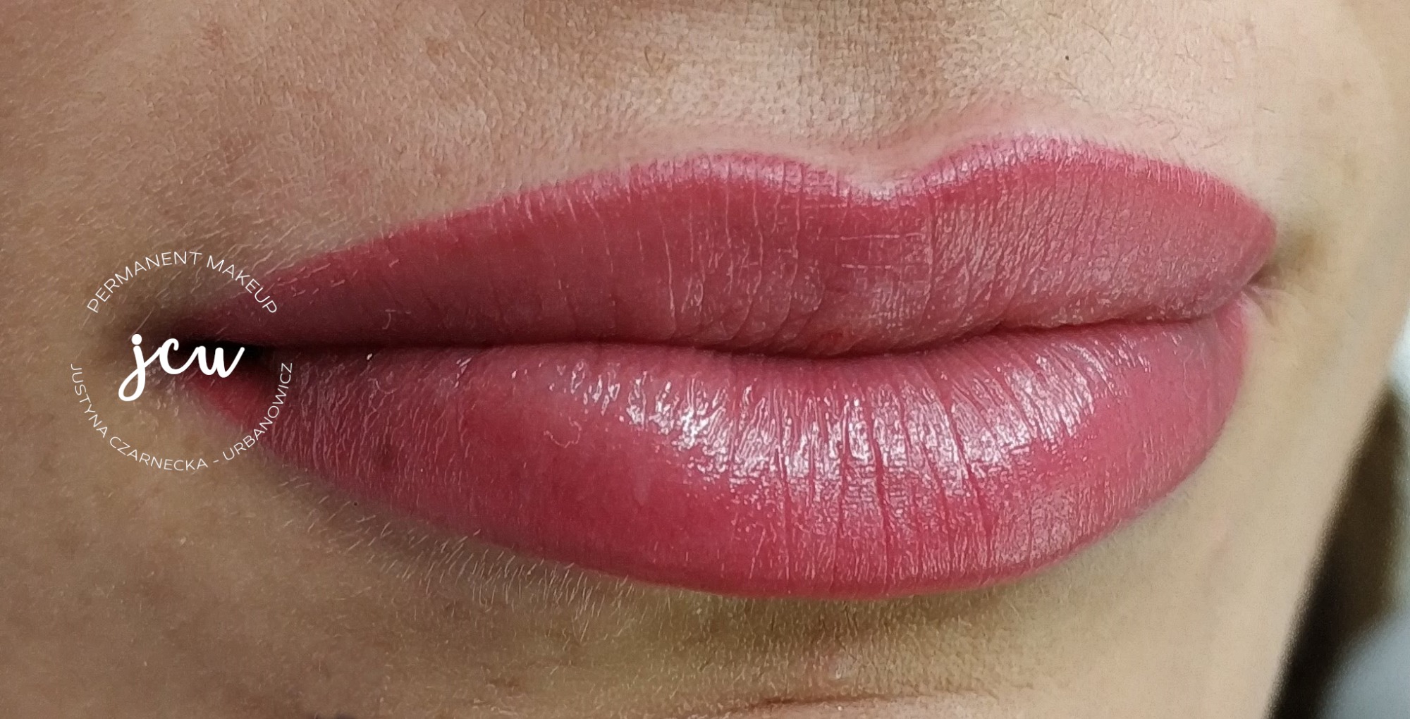 Zbliżenie ust z makijażem permanentnym w odcieniach różu, widoczna tekstura skóry i detale pigmentacji.