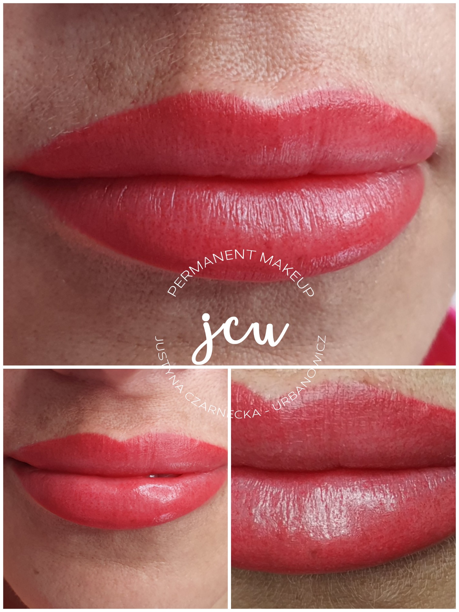 Zbliżenie na usta po zabiegu pigmentacji permanentnej, widoczne precyzyjne obrysowanie konturu i wypełnienie kolorem, w tle logo firmy.