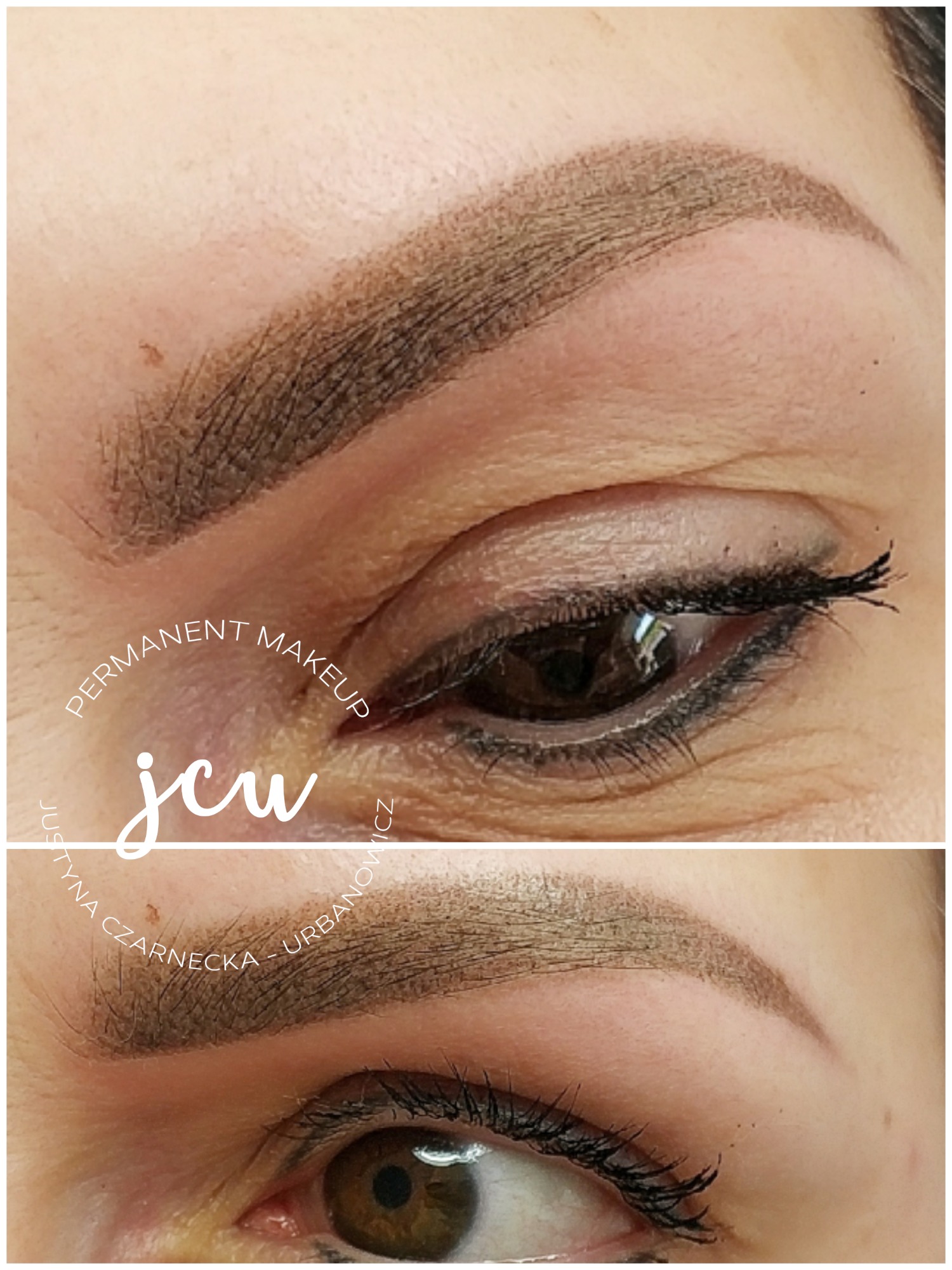 Zbliżenie na oko z widocznym makijażem permanentnym brwi, ukazującym technikę cieniowania i precyzyjne wykończenie linii, z delikatnym podkreśleniem oka eyelinerem.