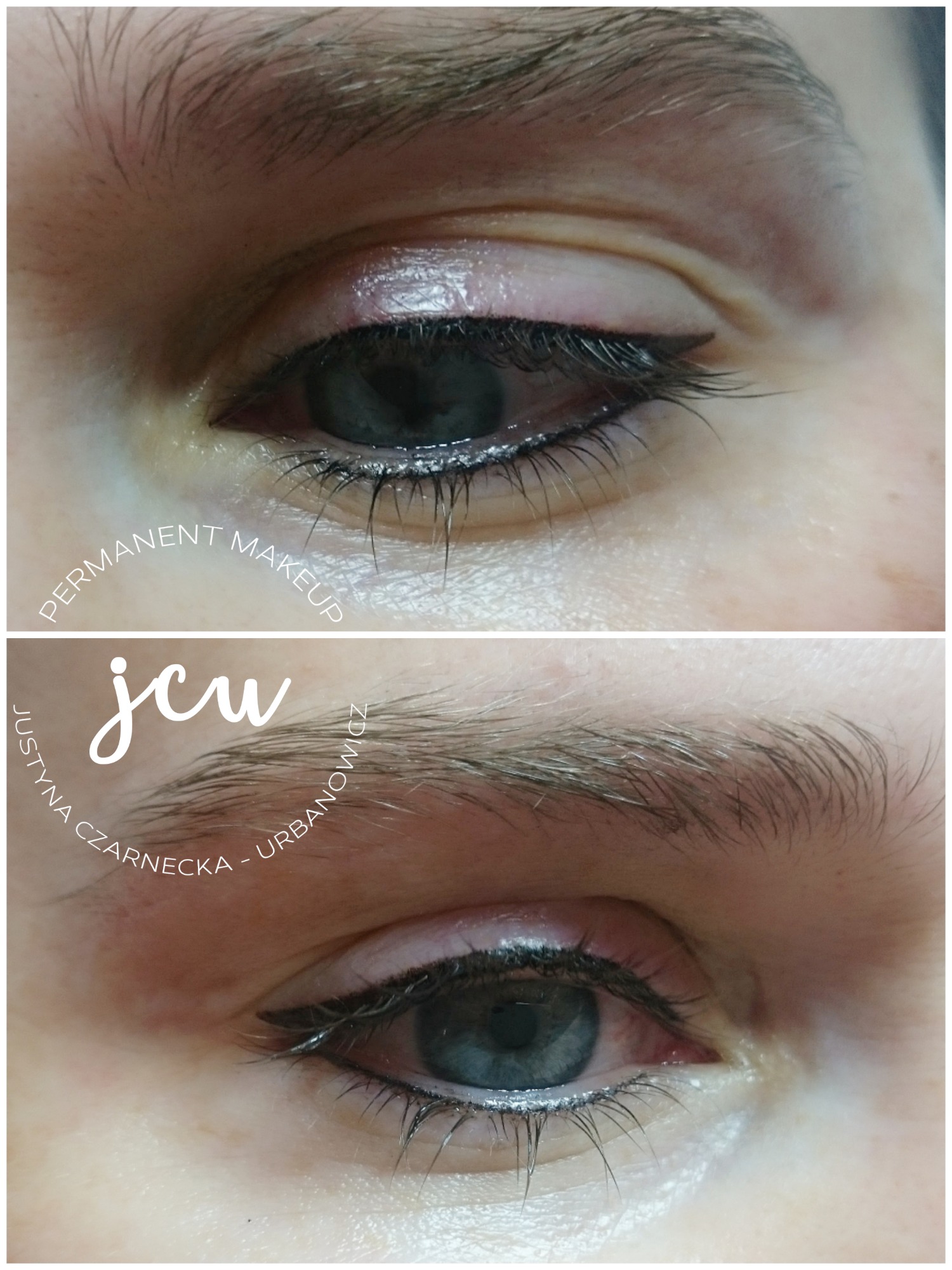 Dwa zbliżenia na oko po wykonaniu trwałego makijażu, widoczna czarna kreska na górnej powiece, subtelny błyszczący cień na powiece górnej.