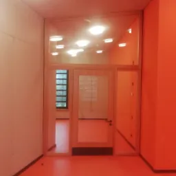 Szklane drzwi wewnętrzne z drewnianą ramą, widok z korytarza o pomarańczowych ścianach i podłodze, w tle okno z widokiem na zewnątrz.