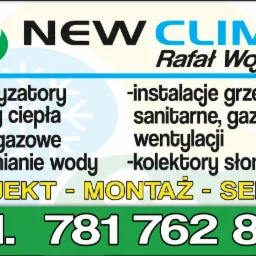 Wizytówka firmy New Clima Rafała Wojdyły oferującej klimatyzatory, pompy ciepła, kotły gazowe, uzdatnianie wody, instalacje grzewcze, sanitarne, gazowe, wentylację, kolektory słoneczne, projekt...