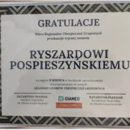 Dyplom za zajęcie II miejsca w konkursie Leaderów Sprzedaży Ubezpieczeń Grupowych