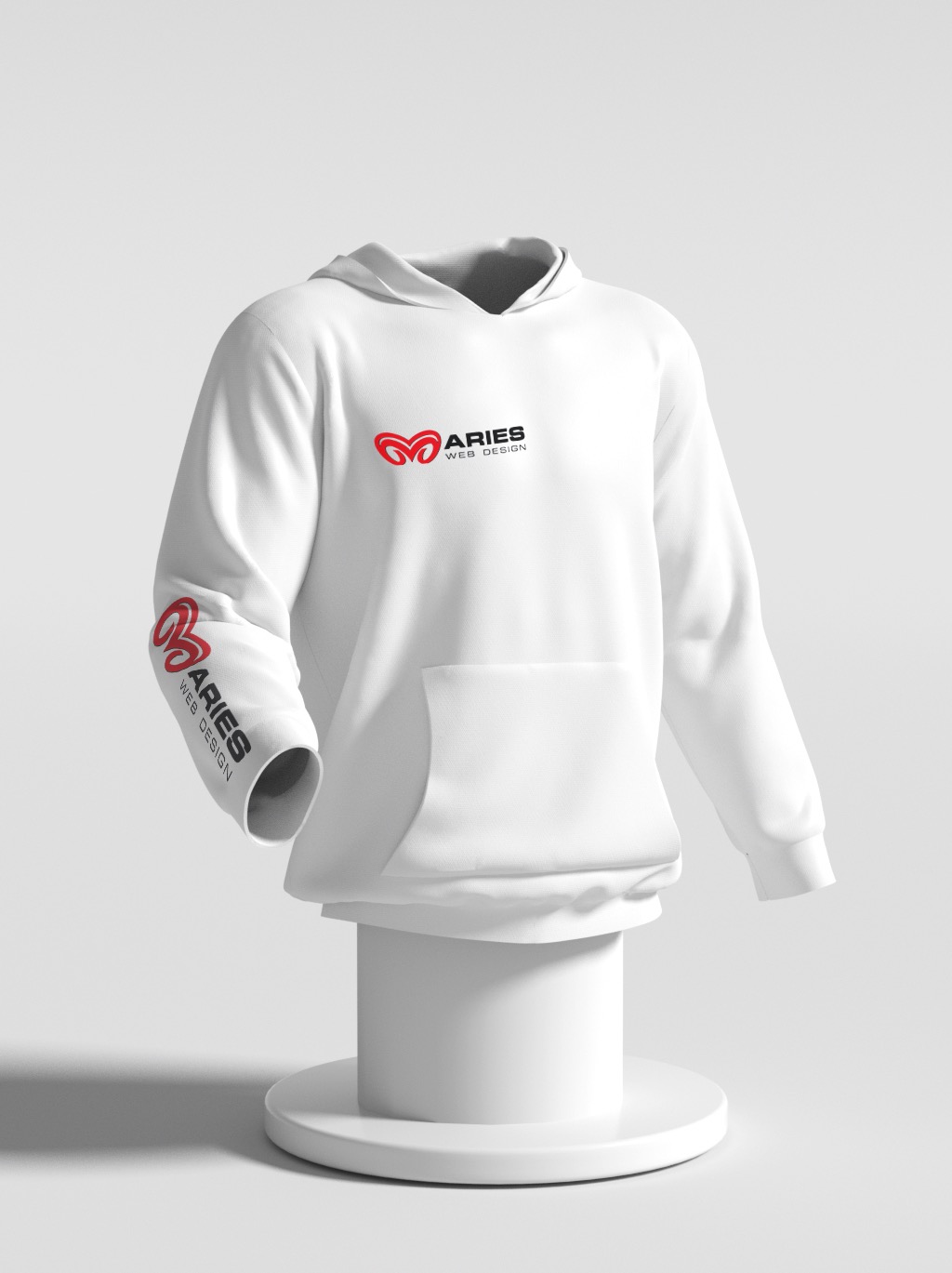 Biała bluza z kapturem z czerwonym logo 'Aries Web Design' na piersi i rękawie, prezentowana na białym postumencie w minimalistycznym studiu.