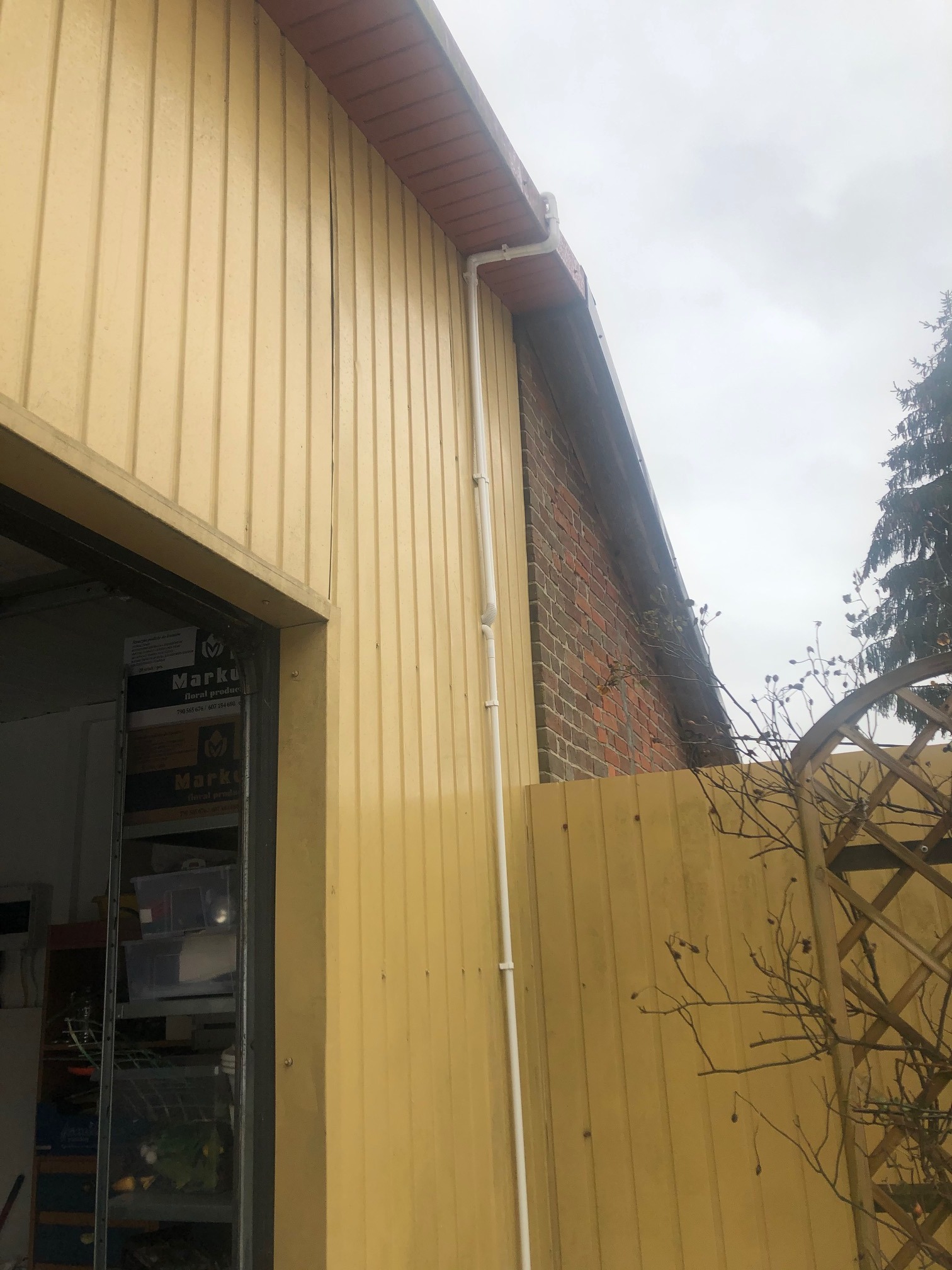 Żółta, blaszana elewacja budynku gospodarczego w Lublinie z widoczną rynną, fragmentem ceglanej ściany i drewnianą konstrukcją pnącą się po elewacji.