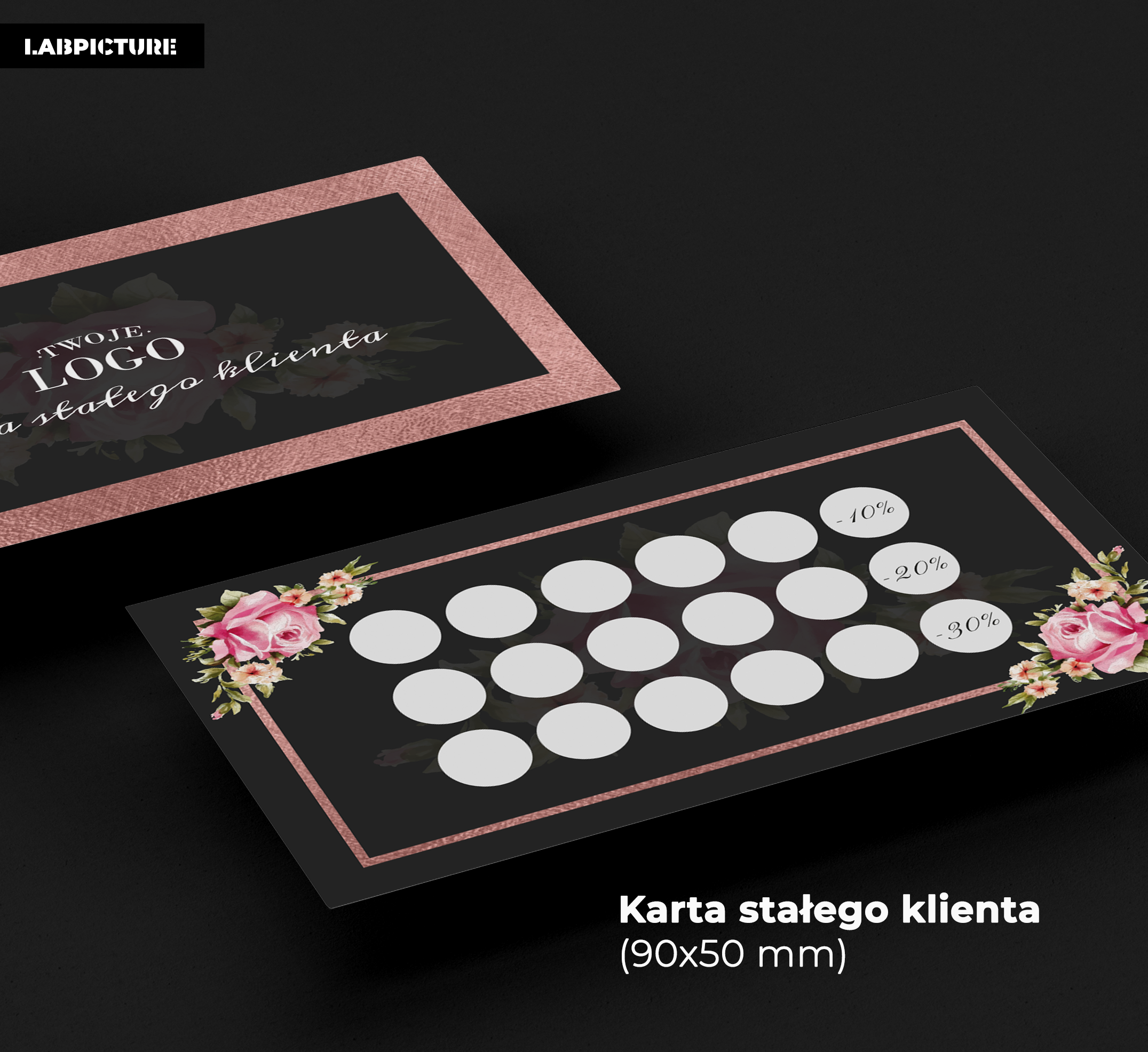 Dwie karty lojalnościowe z motywem kwiatowym i złotą ramką, na czarnym tle. Jedna karta z miejscem na logo i napis 'Twoje logo a stałego klienta', druga z polami do stemplowania rabatów.