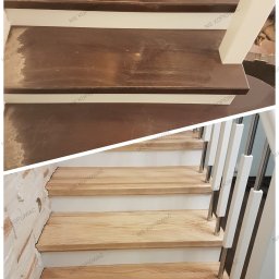 Monika Butryn - Schody drewniane: widok przed i po renowacji. Górna część pokazuje zniszczone stopnie, dolna odnowione, jasne drewno, białe podstopnice.
