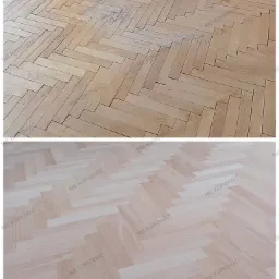 Parkiet ułożony w jodełkę, stan przed renowacją (góra) i po (dół). Widoczne różnice w kolorze i uszkodzeniach. Zdjęcie typu 'przed i po'.