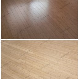 Monika Butryn - Parkiet bambusowy: górna część zdjęcia 'Przed', dolna 'Finał'. Widoczna różnica w kolorze i połysku po renowacji. Ujęcie z góry, ukośne.
