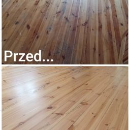 Monika Butryn - Zdjęcie 'przed i po' prezentujące odnowioną drewnianą podłogę. Górna część ukazuje starą, zniszczoną powierzchnię, a dolna - gładką, jasną podłogę po renowacji.