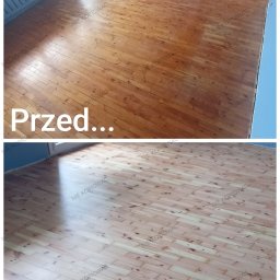 Monika Butryn - Parkiet sosnowy po renowacji: porównanie stanu przed i po. Górna część zdjęcia ukazuje starą, zniszczoną podłogę, dolna - odnowioną, jasną i gładką powierzchnię.