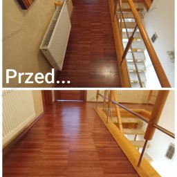 Monika Butryn - Zdjęcie 'przed i po' prezentujące odnowioną, błyszczącą podłogę z ciemnego drewna i schody z drewnianą balustradą. Widoczny grzejnik i fragment obrazu na ścianie.