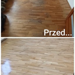 Monika Butryn - Parkiet drewniany przed i po renowacji. Górna część zdjęcia pokazuje starą, zniszczoną podłogę, dolna - odnowioną, jasną i błyszczącą. Widoczny efekt 'przed i po'.