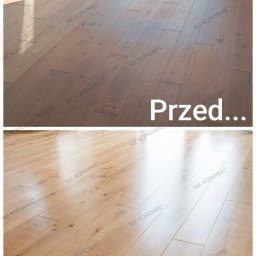 Monika Butryn - Parkiet dębowy: porównanie stanu przed renowacją (matowy, ciemniejszy) i po (błyszczący, jaśniejszy). Widoczne różnice w kolorze i połysku drewna.